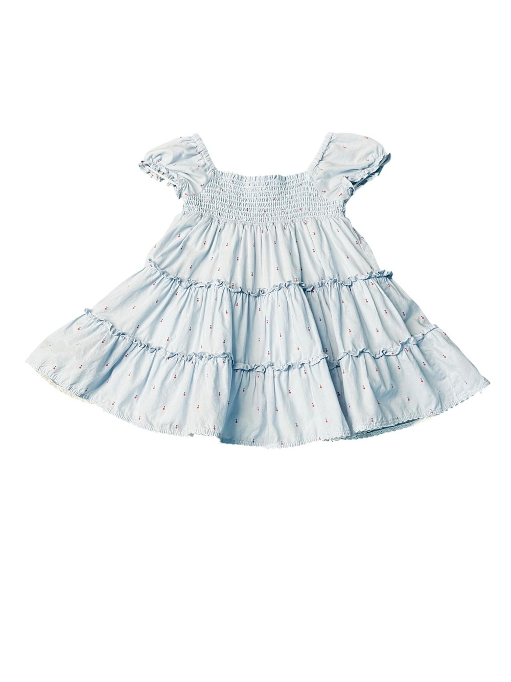 Janie and Jack Light Blue Tiered Dress with a Red Cherry Pattern